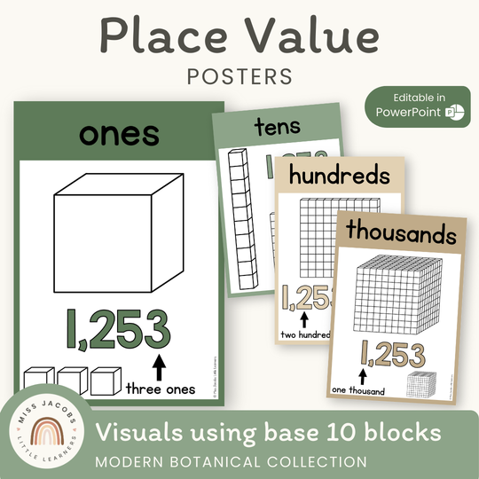 Place Value Posters - Base 10 Blocks - Modern Botanical Theme