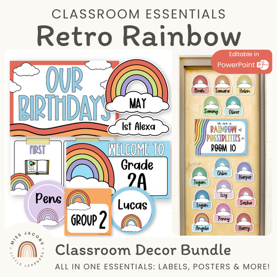 Retro Rainbow Theme Classroom Essentials Decor Pack - Miss Jacobs Little Learners