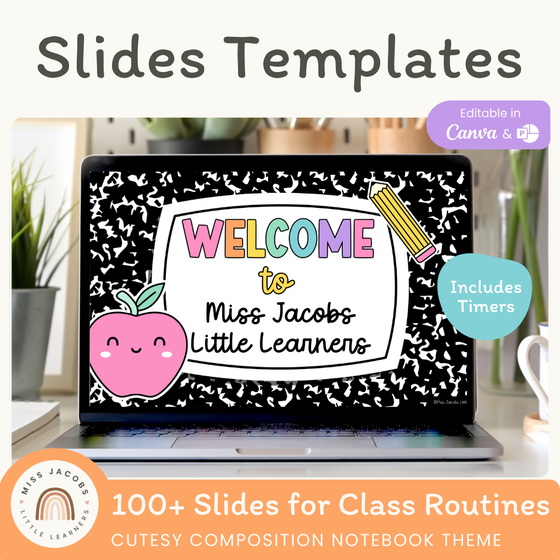 Google Slides and PowerPoint with Timers - Cutesy Composition Notebook Classroom Decor - Miss Jacobs Little Learners
