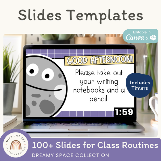 Morning Meeting Slides Templates: Google, Canva, PPT - Dreamy Space Theme - Miss Jacobs Little Learners