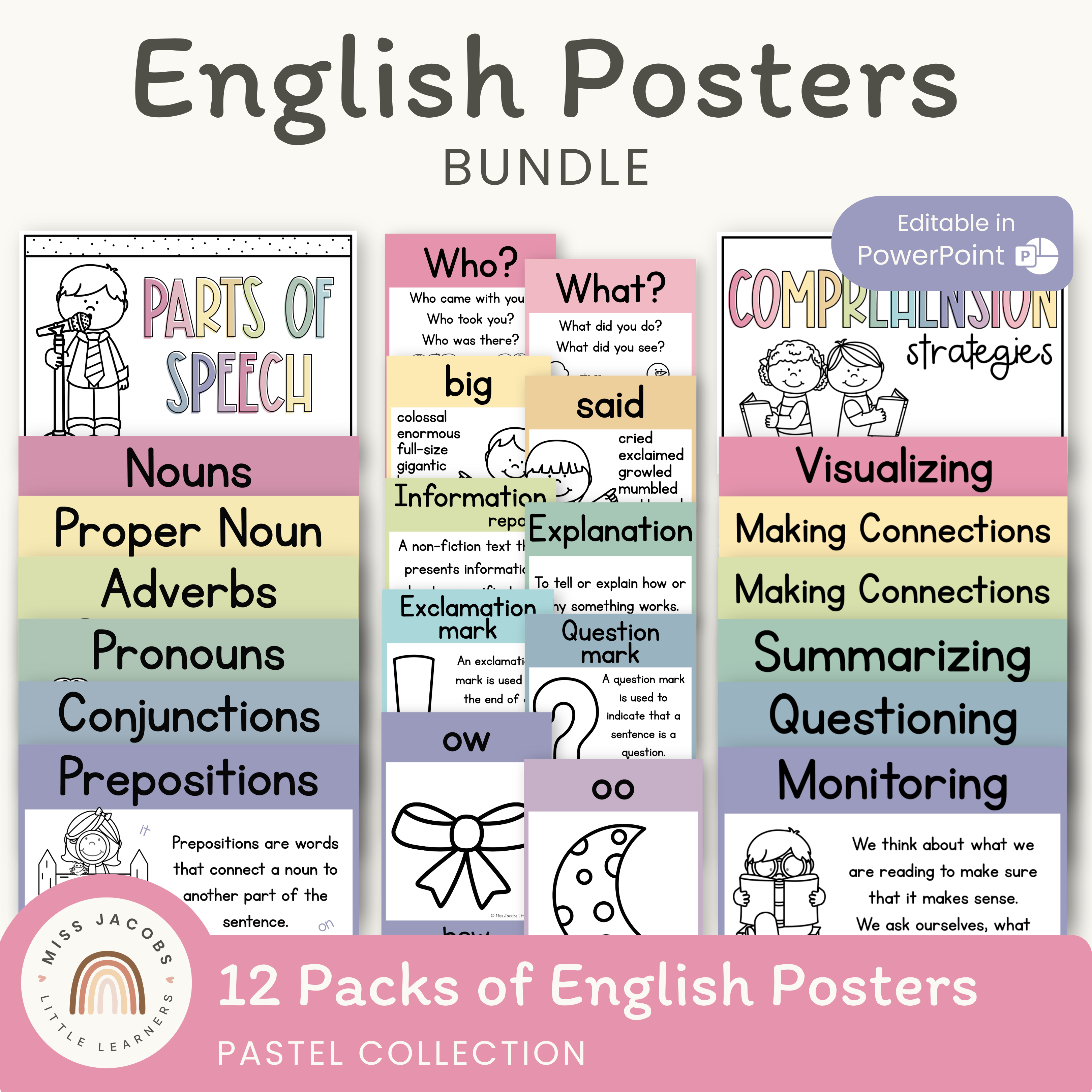 English Posters Reading and Writing Bundle - Pastel Theme - Miss Jacobs Little Learners