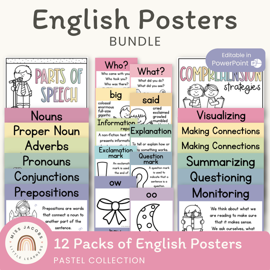 English Posters Reading and Writing Bundle - Pastel Theme