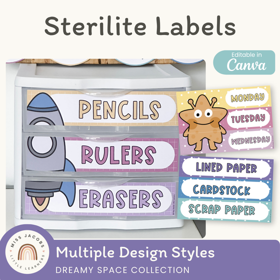 Sterilite Drawer Labels - Dreamy Space Classroom Decor - Miss Jacobs Little Learners