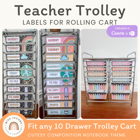 Teacher Trolley Labels - Cutesy Composition Notebook Classroom Decor - Miss Jacobs Little Learners