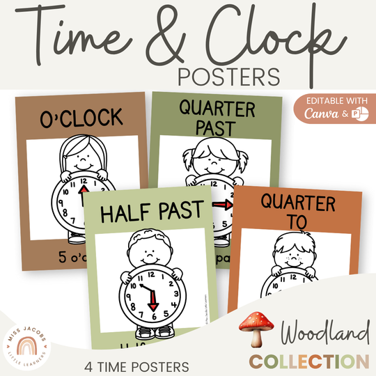 Telling Time and Clock Posters - Woodland Classroom Decor