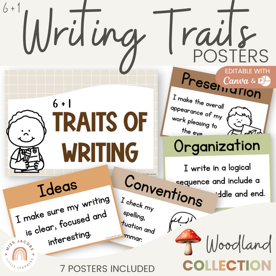 6 + 1 Traits of Writing Posters - Woodland Classroom Decor - Miss Jacobs Little Learners