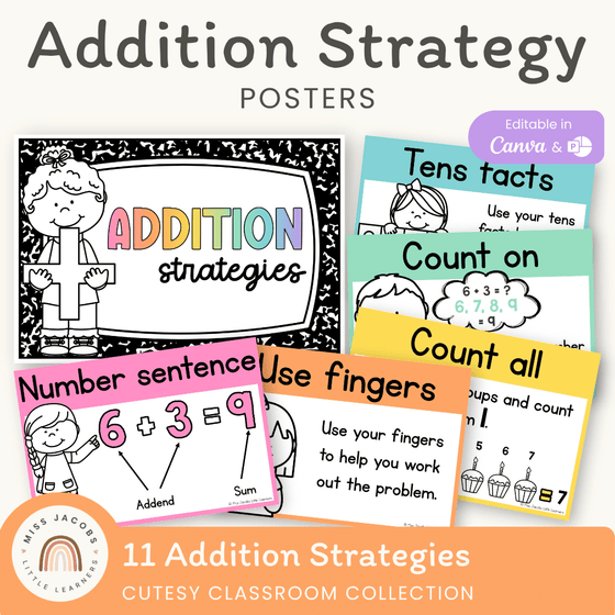 Addition Strategies Posters - Cutesy Classroom Decor - Miss Jacobs Little Learners