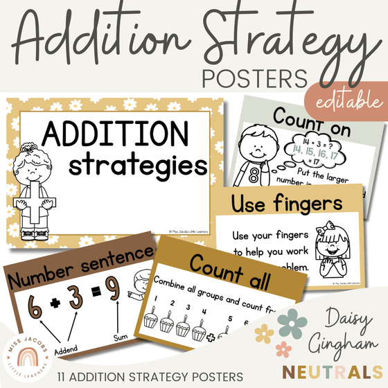 Addition Strategies Posters | Daisy Gingham Neutral Math Classroom Decor - Miss Jacobs Little Learners