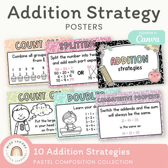 Addition Strategies Posters - Pastel Composition Notebook Math Decor