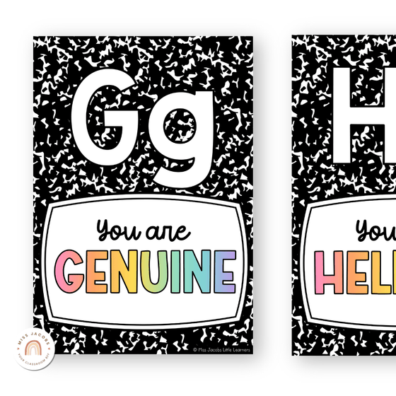 Affirmation Alphabet Posters - Black - Cutesy Classroom Decor - Miss Jacobs Little Learners