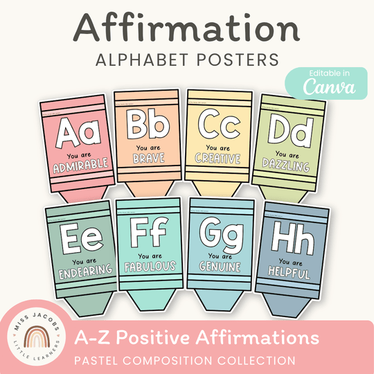 Affirmation Alphabet Posters - Pastel Composition Notebook Classroom Decor