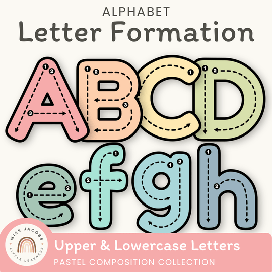 Alphabet Letter Formation Posters - Pastel Composition Notebook Classroom Decor