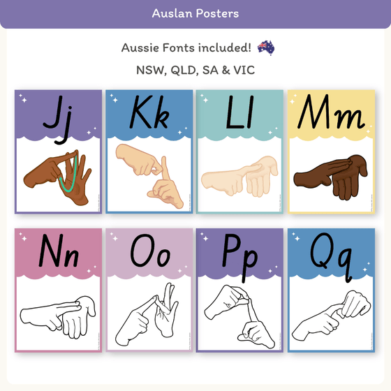 Alphabet Posters Bundle: English, ASL & Auslan - Dreamy Space Decor - Miss Jacobs Little Learners