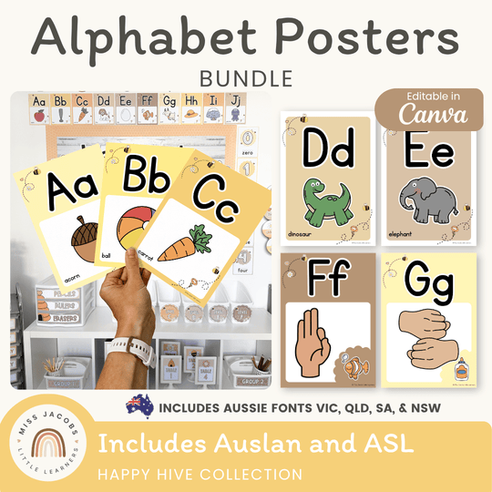 Alphabet Posters Bundle: English, ASL & Auslan - Happy Hive Classroom Decor
