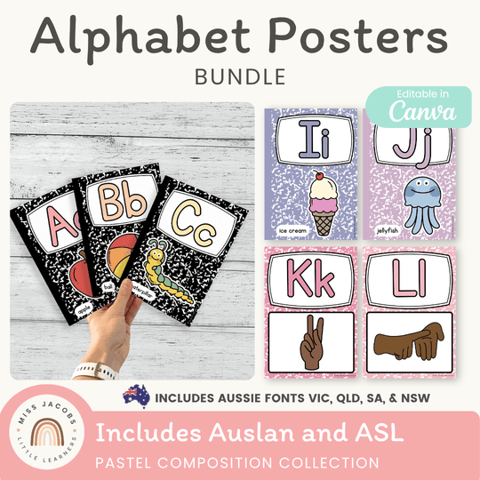 Alphabet Posters Bundle: English, ASL & Auslan - Pastel Composition Notebook Decor