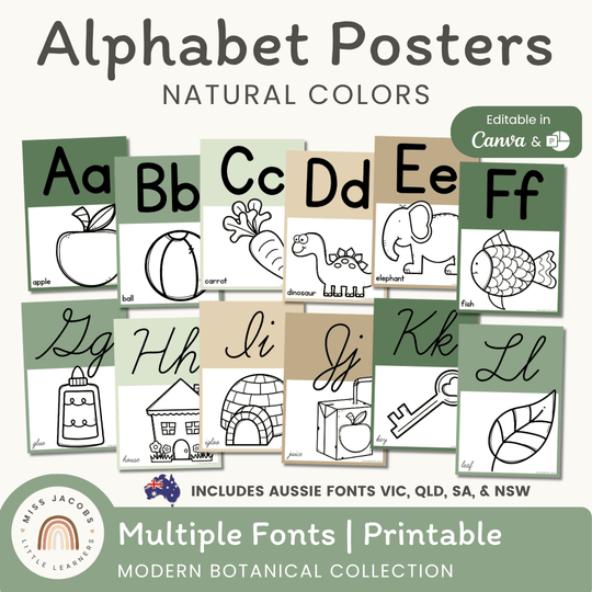 Alphabet Posters Natural Colors - Modern Botanical Decor