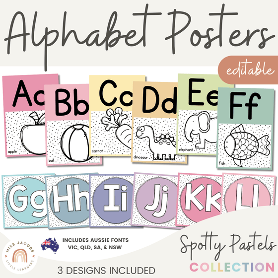 ALPHABET POSTERS | SPOTTY PASTELS | Muted Rainbow Theme - Miss Jacobs Little Learners