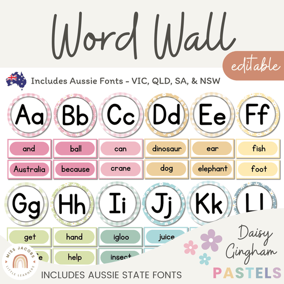 Alphabet Word Wall | Daisy Gingham Pastels Classroom Decor | Editable - Miss Jacobs Little Learners