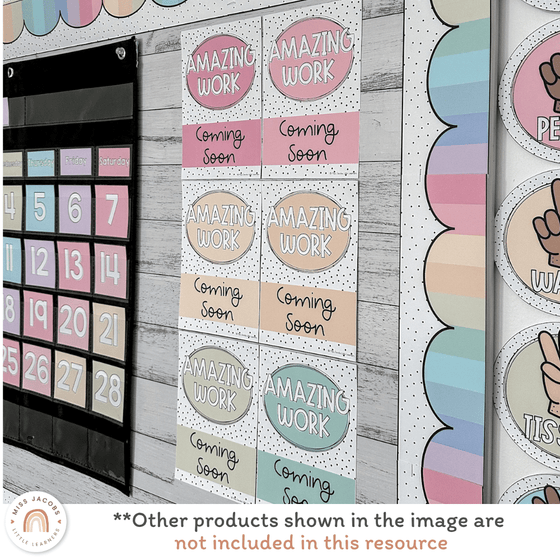 Amazing Work Coming Soon Posters - Spotty Pastel Decor - Miss Jacobs Little Learners