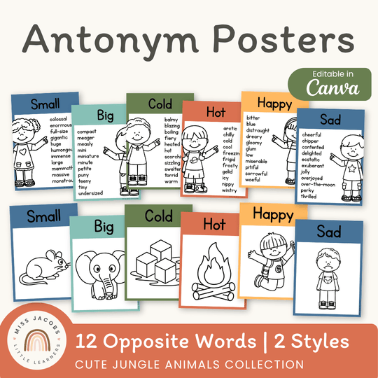 Antonym Posters - Cute Jungle Animals English Decor
