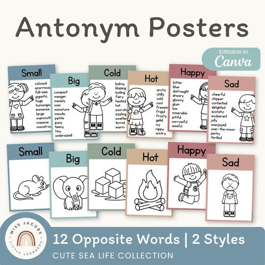 Antonym Posters - Cute Sea Life English Decor