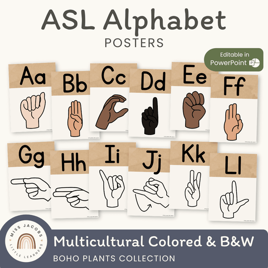 ASL Alphabet Posters - American Sign Language - Boho Plants Decor