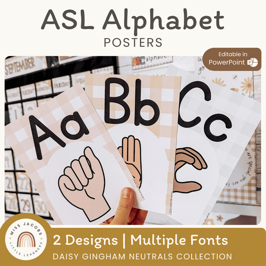 ASL Alphabet Posters - American Sign Language - Daisy Gingham Neutrals