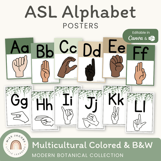 ASL Alphabet Posters (American Sign Language) - Modern Botanical