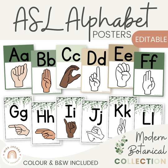 ASL Alphabet Posters (American Sign Language) - Modern Botanical