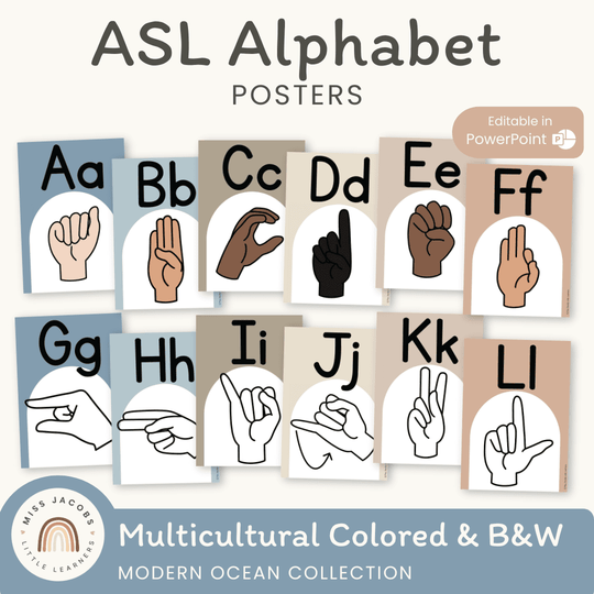 ASL Alphabet Posters - American Sign Language - Modern Ocean Theme