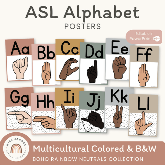 ASL Alphabet Posters - Boho Rainbow Neutrals Classroom Decor