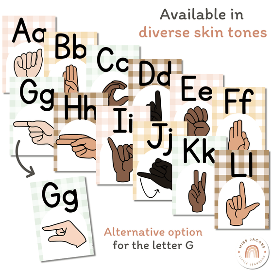 ASL (American Sign Language) Alphabet Posters | Daisy Gingham Neutrals Classroom Decor - Miss Jacobs Little Learners