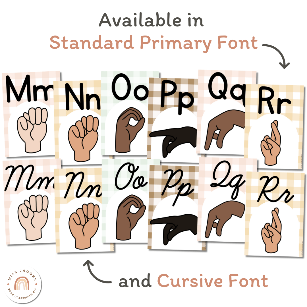 Minus Sign Language ASL Alphabet Posters - American Sign Language - Daisy Gingham Neutrals