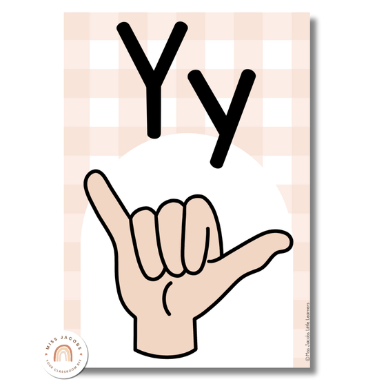 ASL (American Sign Language) Alphabet Posters | Daisy Gingham Neutrals Classroom Decor - Miss Jacobs Little Learners