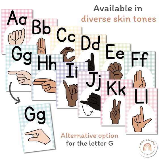 ASL (American Sign Language) Alphabet Posters | Daisy Gingham Pastels Classroom Decor - Miss Jacobs Little Learners