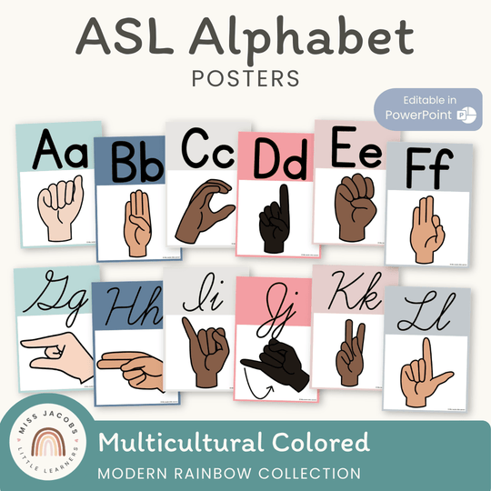 ASL (American Sign Language) Alphabet Posters | Modern rainbow CALM COLOURS