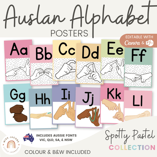 Auslan Alphabet Posters - Australian Sign Language - Spotty Pastel