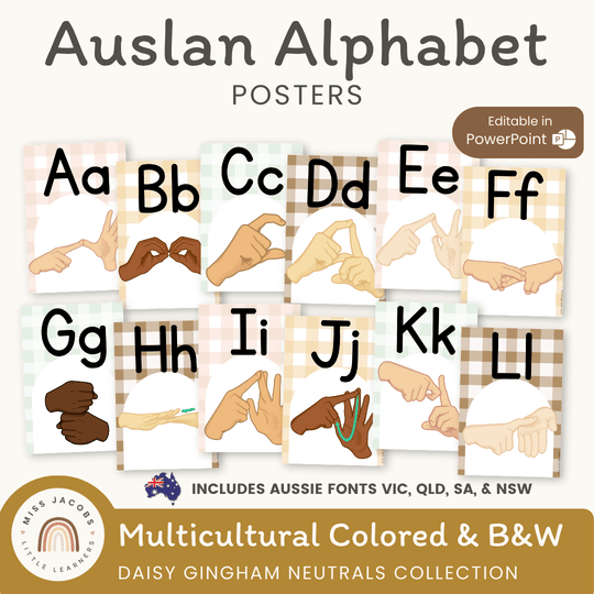 Auslan (Australian Sign Language) Alphabet Posters | Daisy Gingham Neutrals Classroom Decor