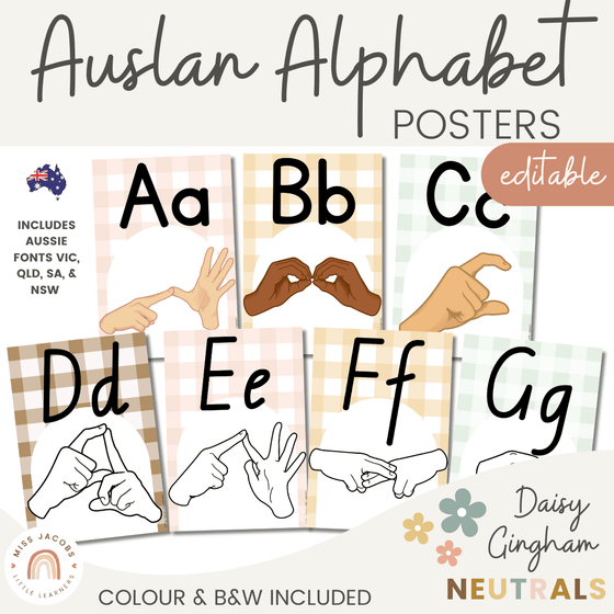 Auslan (Australian Sign Language) Alphabet Posters | Daisy Gingham Neutrals Classroom Decor - Miss Jacobs Little Learners