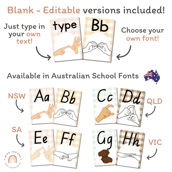 Sign Language Letters Guide Australia Auslan (Australian Sign Language) Alphabet Posters | Daisy Gingham Neu