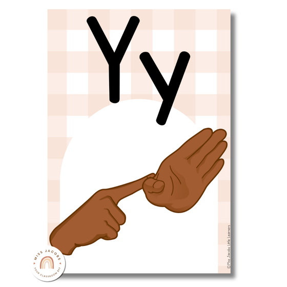 Auslan (Australian Sign Language) Alphabet Posters | Daisy Gingham Neutrals Classroom Decor - Miss Jacobs Little Learners