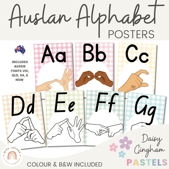 Auslan Alphabet Posters (Australian Sign Language) - Daisy Gingham Pastels