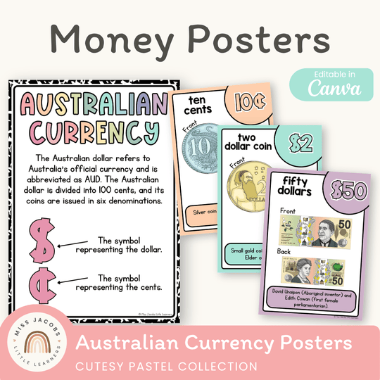 Australian Money Posters - Cutesy Pastel Math Decor