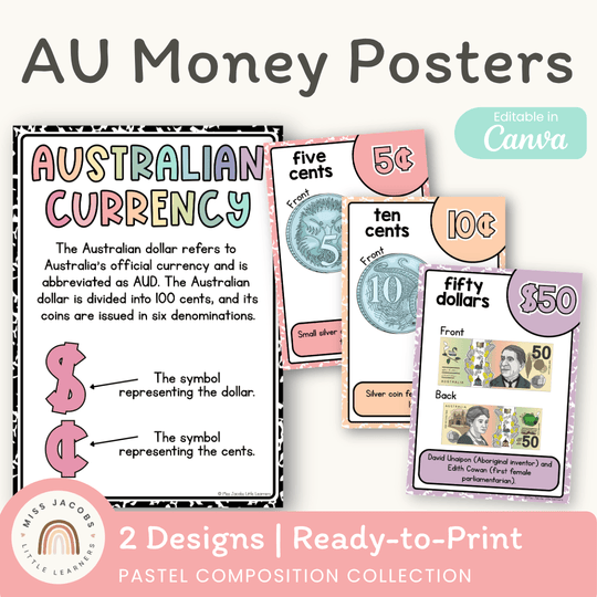 Australian Money Posters - Pastel Composition Notebook Math Decor