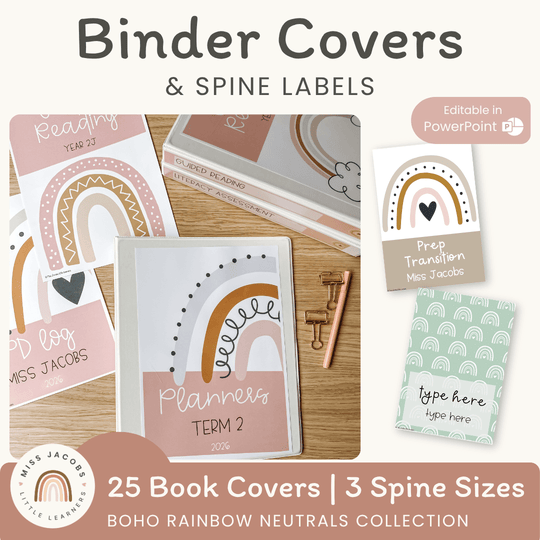 Binder Covers and Spine Labels - Boho Rainbow Neutrals Decor