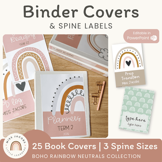 Binder Covers and Spine Labels - Boho Rainbow Neutrals Decor - Miss Jacobs Little Learners