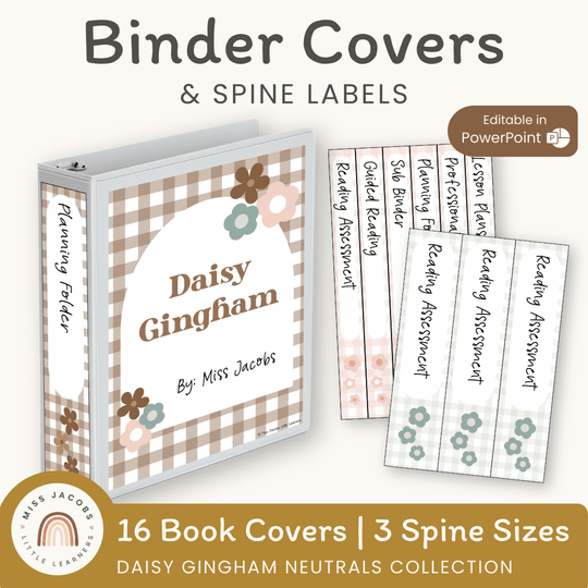 Binder Covers and Spine Labels - Daisy Gingham Neutrals Decor