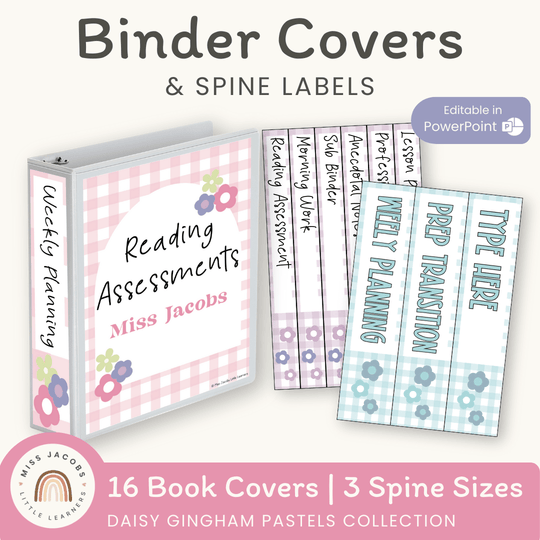 Binder Covers and Spine Labels - Daisy Gingham Pastels Decor