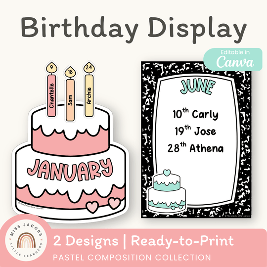 Birthday Display - Pastel Composition Notebook Classroom Decor