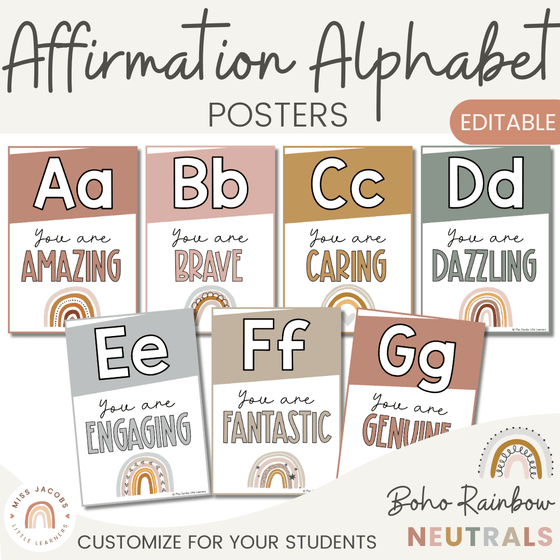 Boho Rainbow Affirmation Alphabet Posters - Miss Jacobs Little Learners